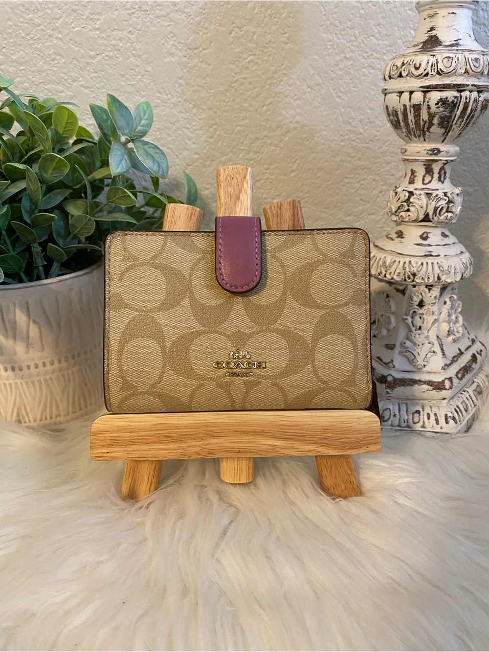 Coach Signature Canvas Small Wallet in Khaki with Purple Tab